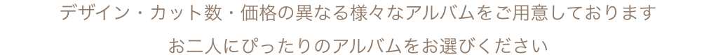 デザイン・カット数・価格の異なる様々なアルバムをご用意しております お二人にぴったりのアルバムをお選びください